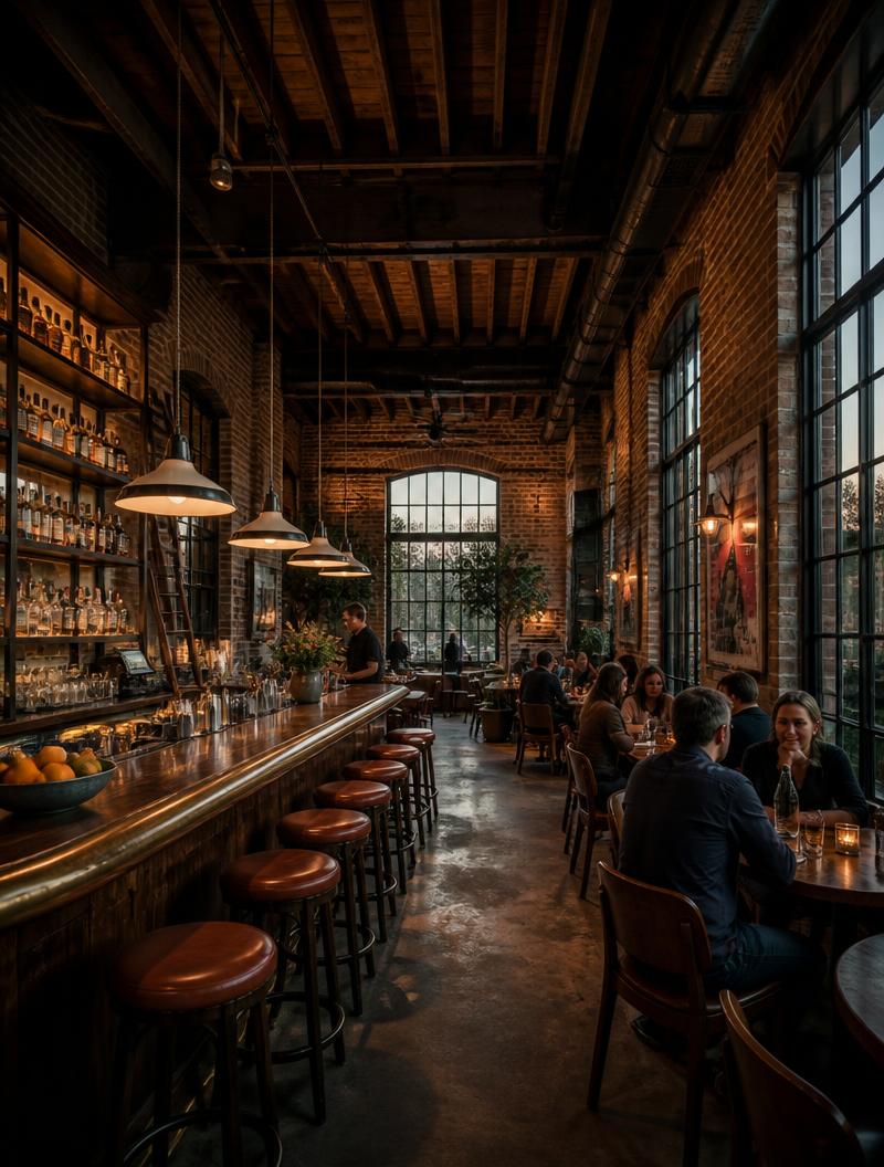 Restaurant and bar inside a restored brick warehouse